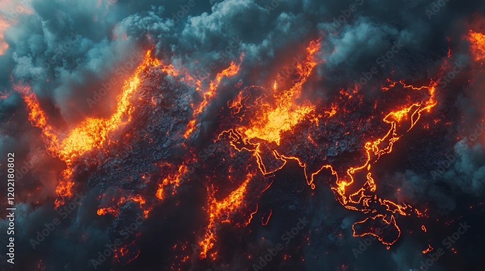 Infernal Globe: A fiery depiction of our planet engulfed in flames, a symbolic representation of global warming and environmental catastrophe. Infernal Globe: A fiery depiction of our planet engulfed in flames, a symbolic representation of global warming and environmental catastrophe.