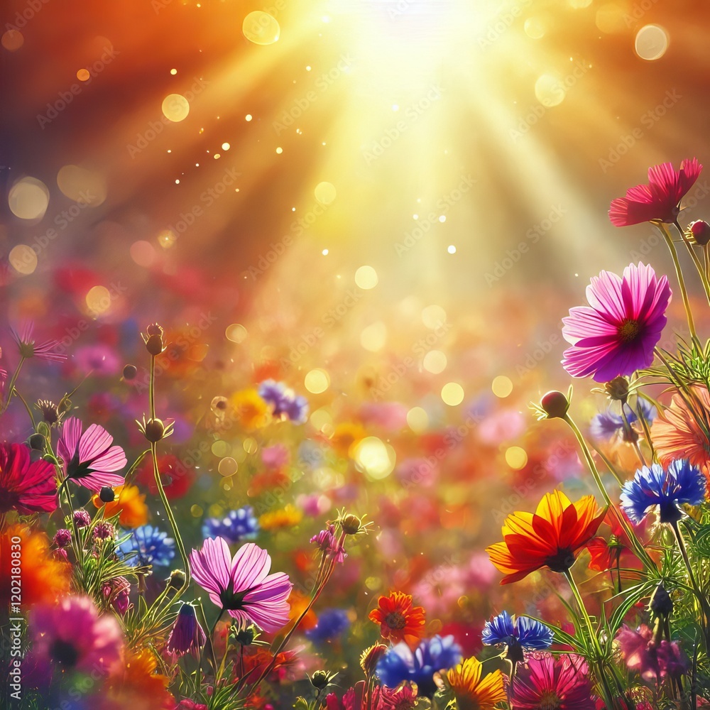 Obraz premium A colorful wildflower meadow in full bloom, with soft sunlight streaming through, casting a warm glow on the vibrant petals