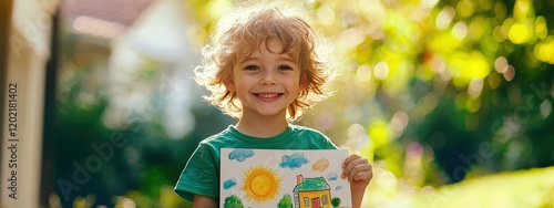 happy child with a drawing of a house in his hands. Selective focus