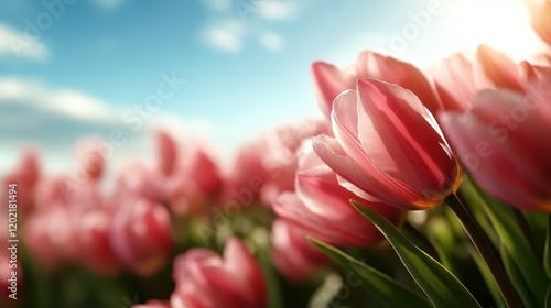 A detailed close-up shot capturing the delicate layers and textures of pink tulip petals with sunlight streaming through, highlighting nature's intricate design. photo