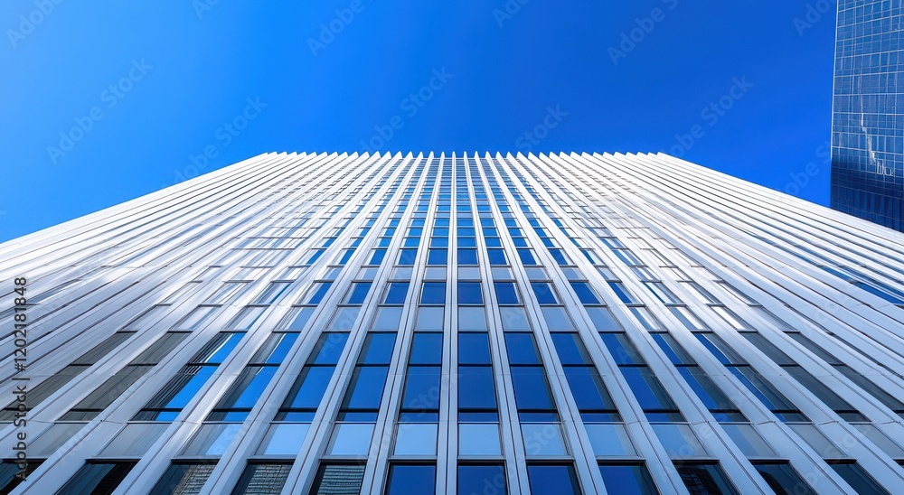 Stunning Architectural Perspective of a Modern Skyscraper Against a Bright Blue Sky Emphasizing Lines, Shapes, and the Beauty of Urban Design in a Metropolis Environment Stunning Architectural Perspective of a Modern Skyscraper Against a Bright Blue Sky Emphasizing Lines, Shapes, and the Beauty of Urban Design in a Metropolis Environment