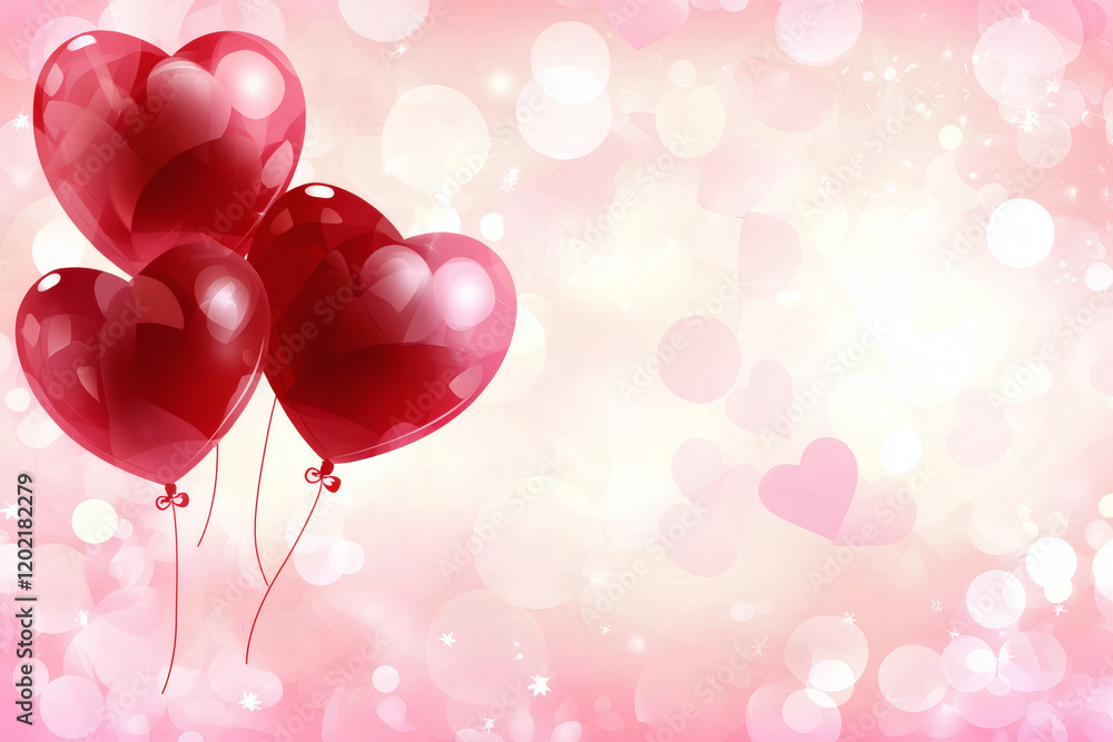 Red heart shaped balloons float against soft pink background, creating romantic atmosphere perfect for celebrations. gentle bokeh effect adds dreamy touch to scene Red heart shaped balloons float against soft pink background, creating romantic atmosphere perfect for celebrations. gentle bokeh effect adds dreamy touch to scene