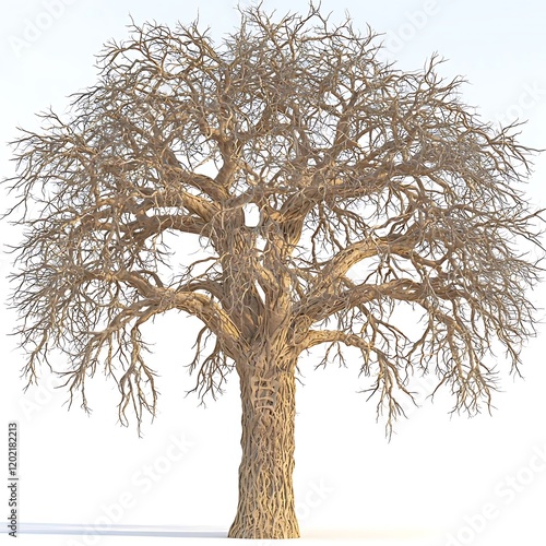 A barren tree with tangled branches and an artistic, skeletal form, centered on a pure white background photo