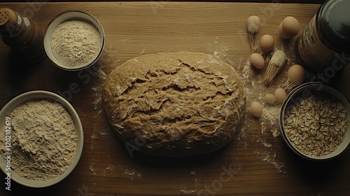 Homemade sourdough bread baking ingredients, kitchen table photo