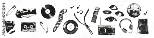 Halftone stipple music elements set. Vinyl record, mouth with microphone, cassette, speaker, radio, eyes, chain. Grunge punk dotted texture for y2k collage design. Retro photocopy vector illustration