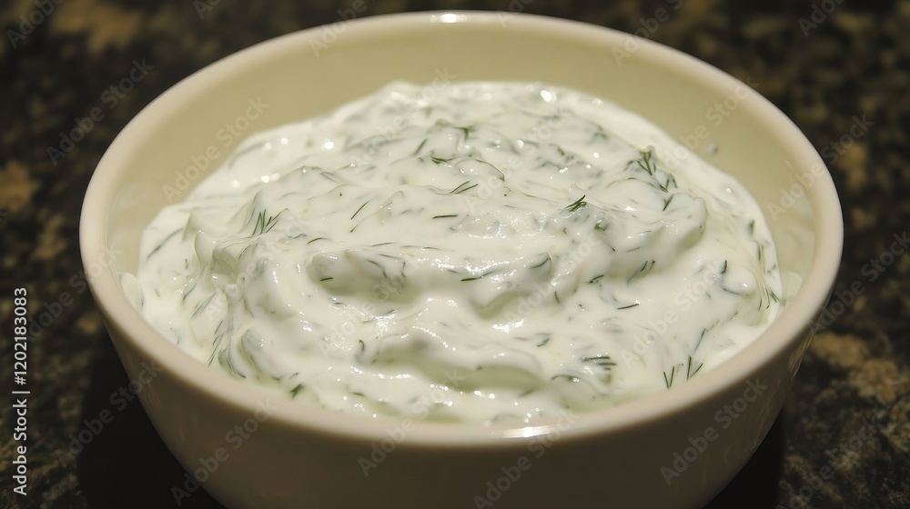 Creamy yogurt sauce with fresh dill in a white bowl on a textured black counter with Copy Space Creamy yogurt sauce with fresh dill in a white bowl on a textured black counter with Copy Space