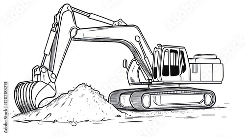 Black and white illustration of excavator loading dirt. Possible use Educational material, engineering textbook illustration, or stock photo for heavy machinery photo