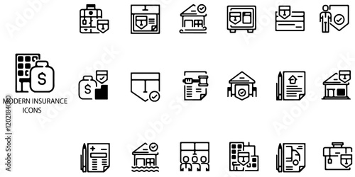 Modern insurance concept 18 icons set. Contains such insurance, protection, privacy policy, delivery, car, user, travel insurance, life insurance, property, bike, shield, family .Vector illustration.