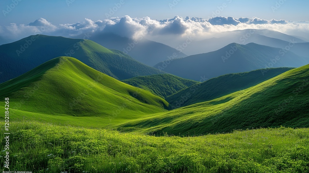 Sunlit Green Mountain Valley Landscape Sunlit Green Mountain Valley Landscape