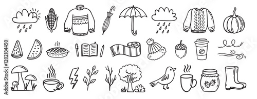 Autumn or nature fall season with falling leaves, umbrella doodle hand drawn icon elements set. Outline drawing autumn or fall line clipart symbol collection