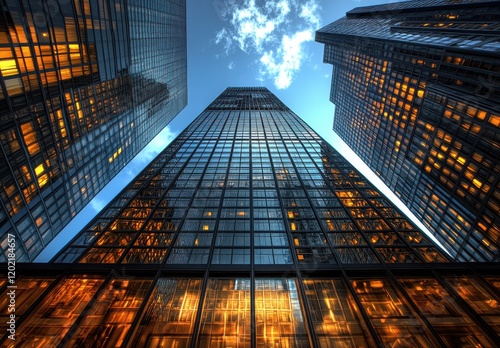 Wallpaper Mural Stunning View of Modern Skyscrapers from Ground Level with Reflections of Orange and Blue Sky Highlighting Architectural Design in Urban Environment Torontodigital.ca