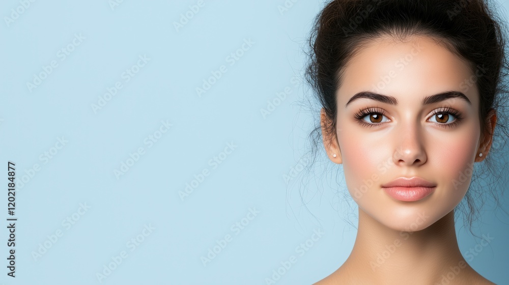Fototapeta premium Young Female Face with Biometric Recognition on Soft Blue Background Highlighting Technology and Security Advancements in Modern Identification Systems
