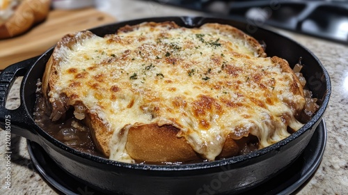 Wallpaper Mural French onion soup in a cast iron skillet topped with melted cheese and herbs on a granite countertop Copy Space Torontodigital.ca