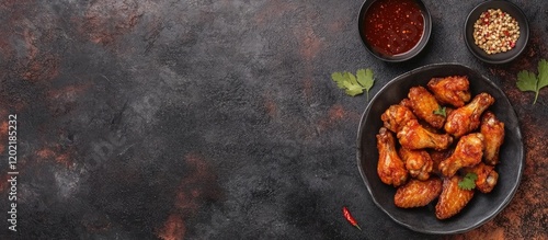 Wallpaper Mural Delicious crispy chicken wings served with dipping sauce and sesame seeds on dark textured background with copy space. Torontodigital.ca