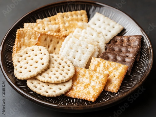 Variety of rice crackers on a ceramic plate. Emphasizing the texture and crunchiness of the crackers. Ideal for snack food advertisements and health magazines. photo