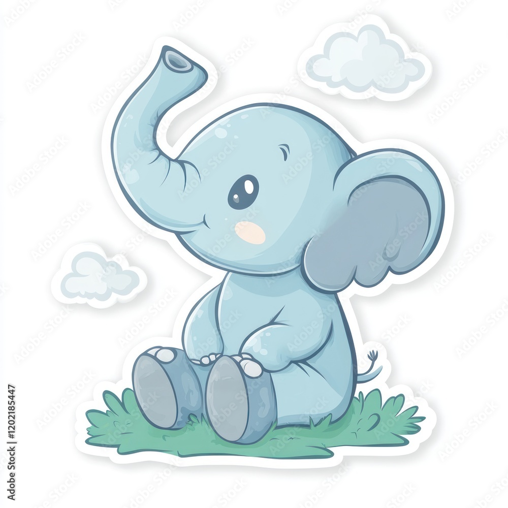 Cute baby elephant sitting, grassy field, clouds, nursery decor Cute baby elephant sitting, grassy field, clouds, nursery decor