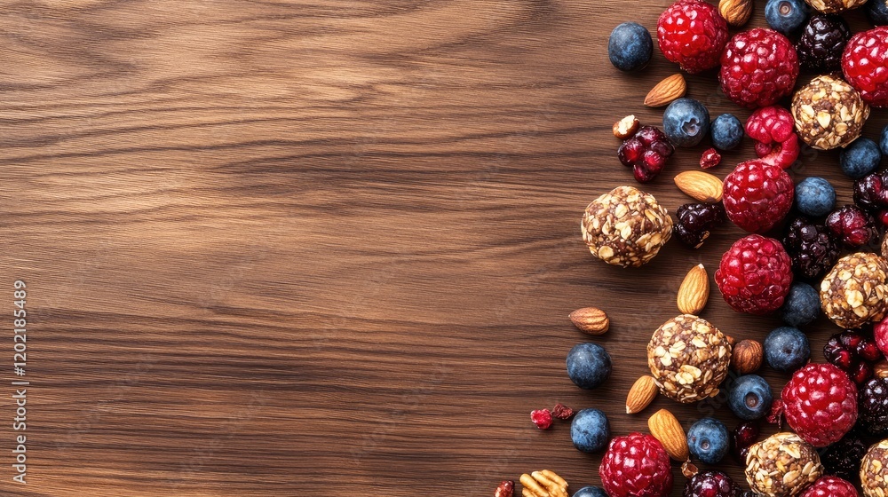 Mixed berries and nuts on wooden surface with copy space for text in top right corner Mixed berries and nuts on wooden surface with copy space for text in top right corner