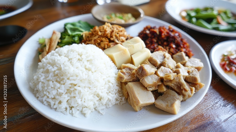 Traditional Thai dish featuring steamed jasmine rice, sliced pork, and assorted condiments served on a white plate with Copy Space. Traditional Thai dish featuring steamed jasmine rice, sliced pork, and assorted condiments served on a white plate with Copy Space.