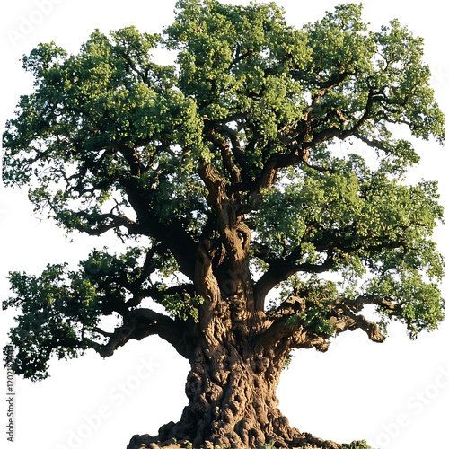 A magnificent oak tree with a broad canopy of leaves and a deeply textured trunk, centered on a white background photo