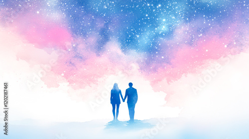 A high-quality hand-drawn watercolor illustration of a couple holding hands under a starry sky, evoking an emotional mood. The artwork features soft blues, gentle purples