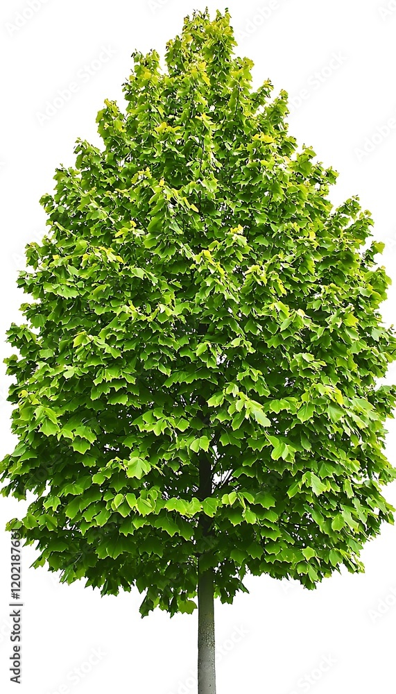 Obraz premium A single vibrant green tree with a sprawling canopy and fine details of leaves, standing on a solid white background