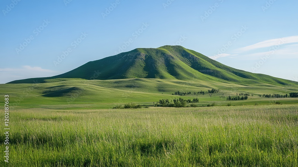 Obraz premium Green grassy hill with gentle slopes under a clear blue sky surrounded by open fields and distant trees Copy Space