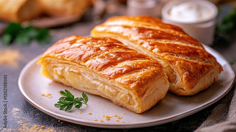 Golden flaky pastries with creamy filling on a plate with fresh herbs and a background of blurred kitchen elements Copy Space Golden flaky pastries with creamy filling on a plate with fresh herbs and a background of blurred kitchen elements Copy Space
