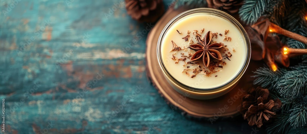 Candle with anise star on wooden table surrounded by pine cones and evergreen branches Copy Space Candle with anise star on wooden table surrounded by pine cones and evergreen branches Copy Space