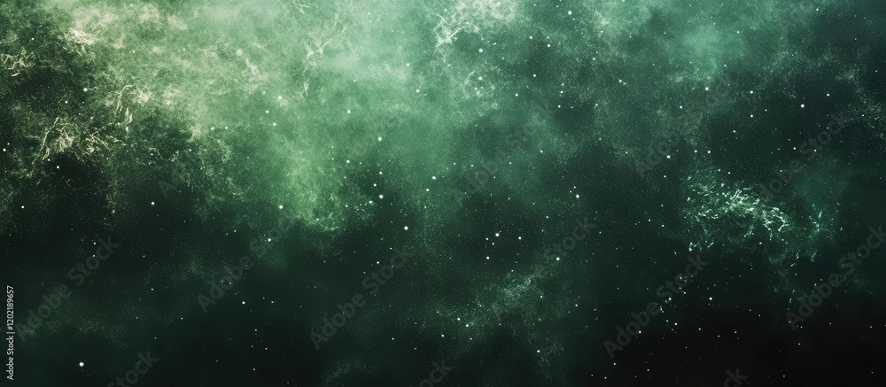 Fototapeta premium Abstract green cosmic background with stars and nebula, suitable for use as a wallpaper or design element, featuring ample copy space.