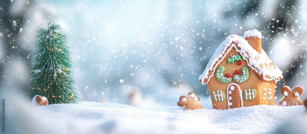 Gingerbread house in winter landscape with snow falling and Christmas tree Copy Space Gingerbread house in winter landscape with snow falling and Christmas tree Copy Space