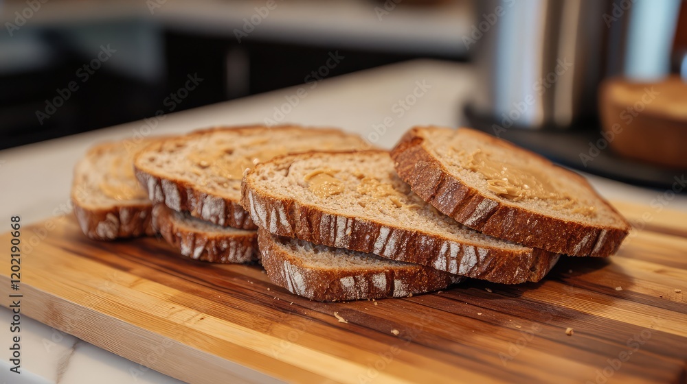 Sliced whole grain bread on a wooden cutting board with kitchen background Copy Space Sliced whole grain bread on a wooden cutting board with kitchen background Copy Space