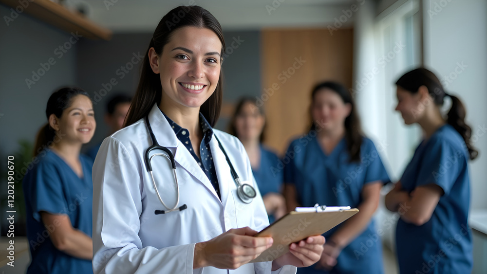 A skilled female doctor is confidently holding a tablet in front of an attentive group of doctors and nurses who are gathered together
