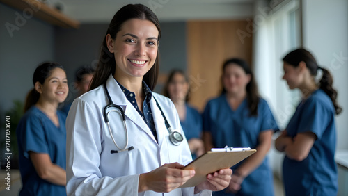 Obraz na płótnie A skilled female doctor is confidently holding a tablet in front of an attentive group of doctors and nurses who are gathered together w salonie