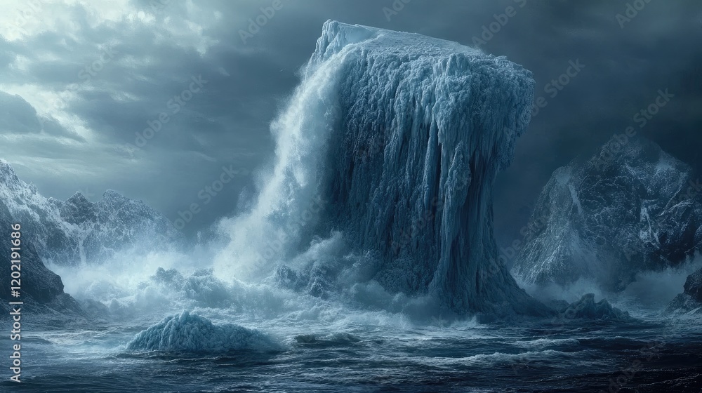 Fototapeta premium Majestic ice formations in stormy ocean waters under dramatic sky with rolling waves and misty atmosphere Copy Space