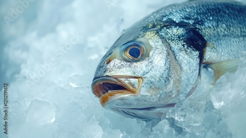 Fresh fish on ice with glistening scales and open mouth, showcasing detailed texture and color, Copy Space available for text placement. photo