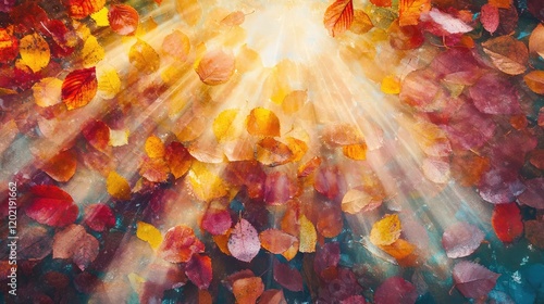 Colorful autumn leaves falling with sunlight rays creating a warm glow Copy Space for text placement photo