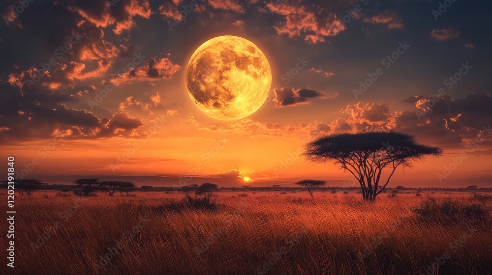 Vibrant sunset over African savannah with a large full moon and scattered clouds in the sky, Copy Space available for text. Vibrant sunset over African savannah with a large full moon and scattered clouds in the sky, Copy Space available for text.