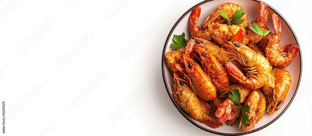 Cooked shrimp served in a bowl with parsley garnish on a white background Copy Space Cooked shrimp served in a bowl with parsley garnish on a white background Copy Space