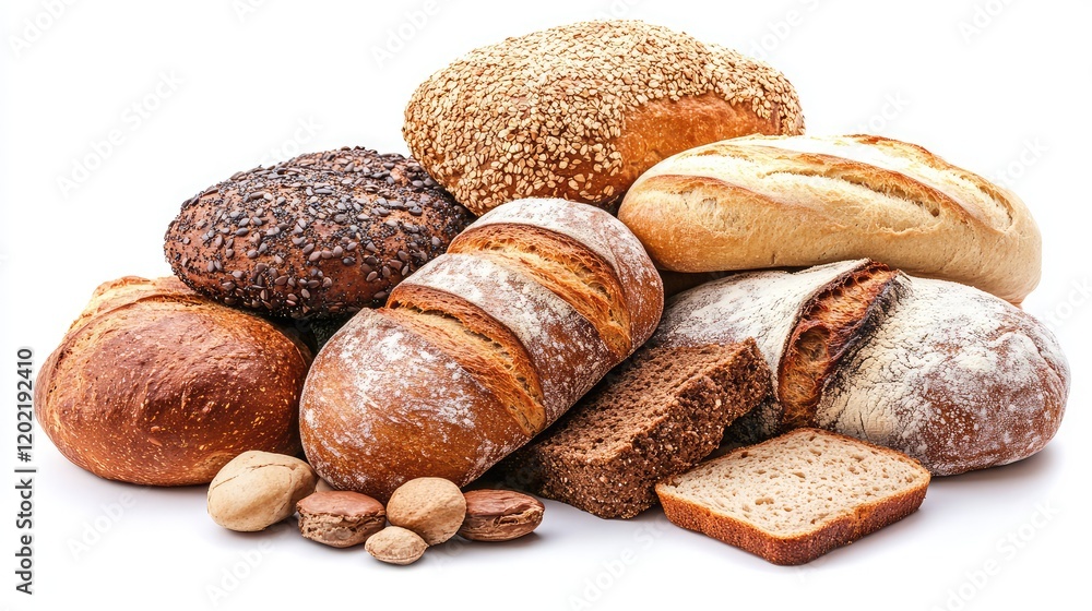 Assorted fresh artisan bread variety with sesame topped rolls and nuts on white background Copy Space Assorted fresh artisan bread variety with sesame topped rolls and nuts on white background Copy Space
