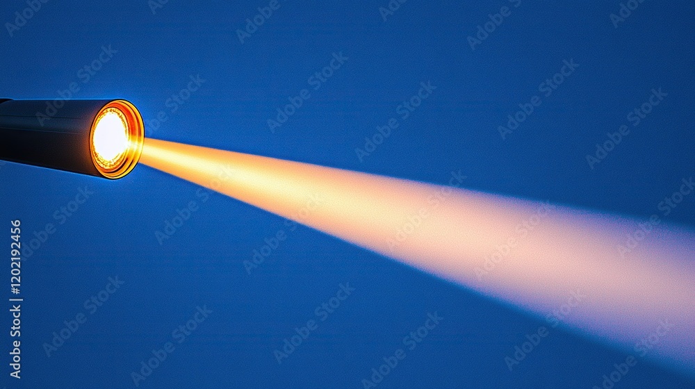 Bright light beam from flashlight in dark blue space, searchlight effect