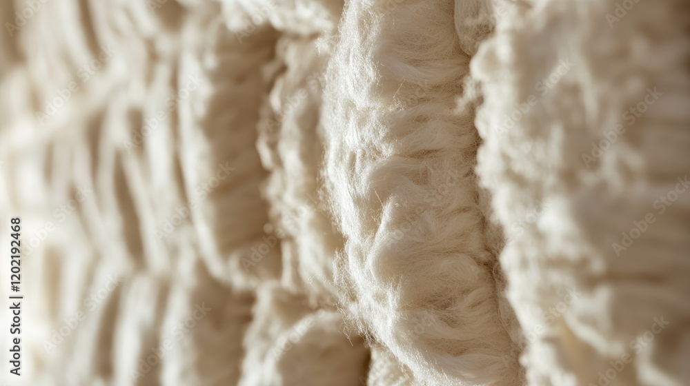 Obraz premium Textured close-up of soft cream-colored fabric revealing fibers and intricate details, suitable for background or textile design, Copy Space.