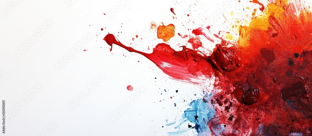 Colorful abstract splash of paint with vibrant red, orange, and blue hues on white background with ample Copy Space for text placement Colorful abstract splash of paint with vibrant red, orange, and blue hues on white background with ample Copy Space for text placement