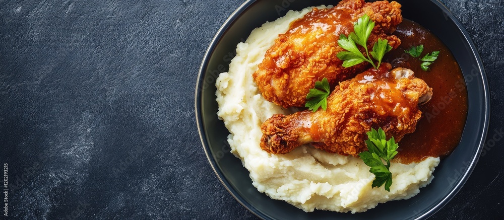 Fried chicken with gravy served on a bed of creamy mashed potatoes garnished with parsley on a dark background Copy Space Fried chicken with gravy served on a bed of creamy mashed potatoes garnished with parsley on a dark background Copy Space