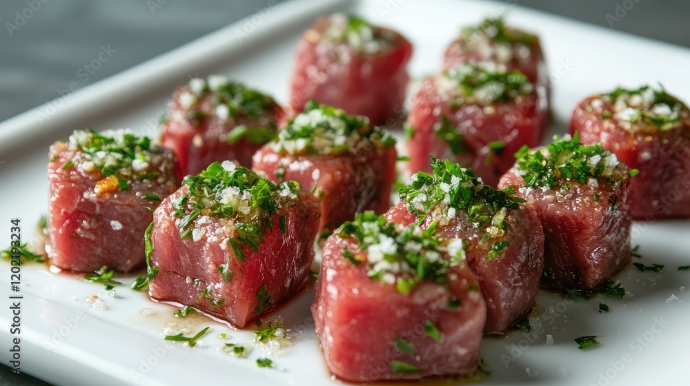 Fresh diced raw tuna tartare cubes garnished with herbs and sea salt on a white plate with Copy Space Fresh diced raw tuna tartare cubes garnished with herbs and sea salt on a white plate with Copy Space