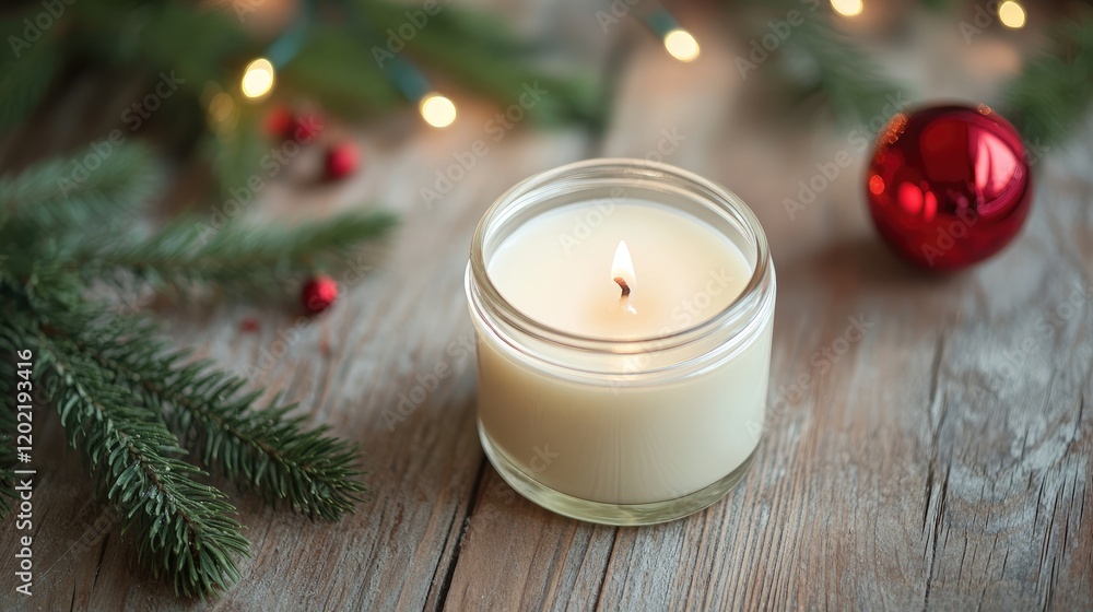 Candle in glass jar with burning flame surrounded by Christmas decorations on wooden table with copy space Candle in glass jar with burning flame surrounded by Christmas decorations on wooden table with copy space