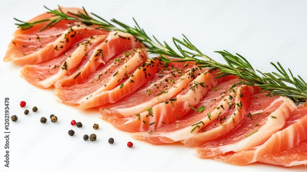 Sliced cured meat arranged with fresh herbs and scattered peppercorns on white background with Copy Space Sliced cured meat arranged with fresh herbs and scattered peppercorns on white background with Copy Space