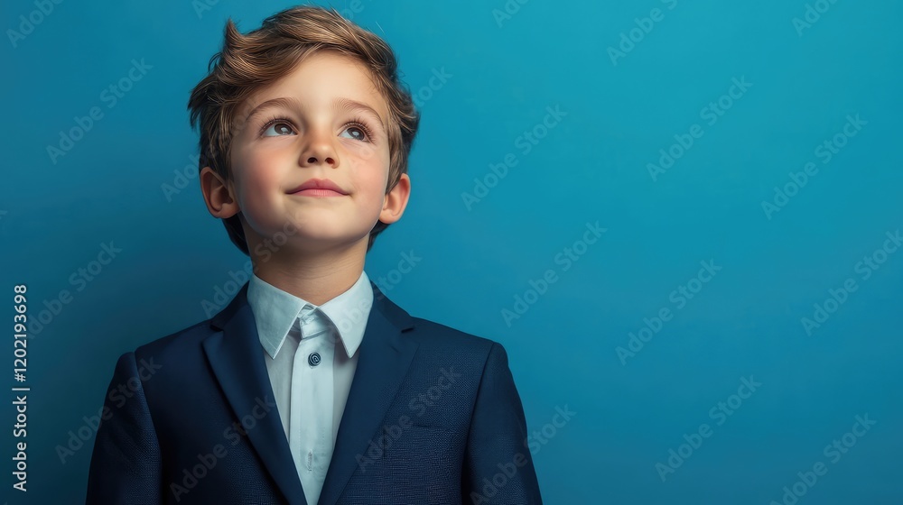 Young boy in formal suit with stylish hairstyle looking up against solid turquoise background with copy space. Young boy in formal suit with stylish hairstyle looking up against solid turquoise background with copy space.