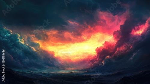 Majestic dramatic sky at sunset with vibrant colors and textured clouds over a turbulent ocean Copy Space photo