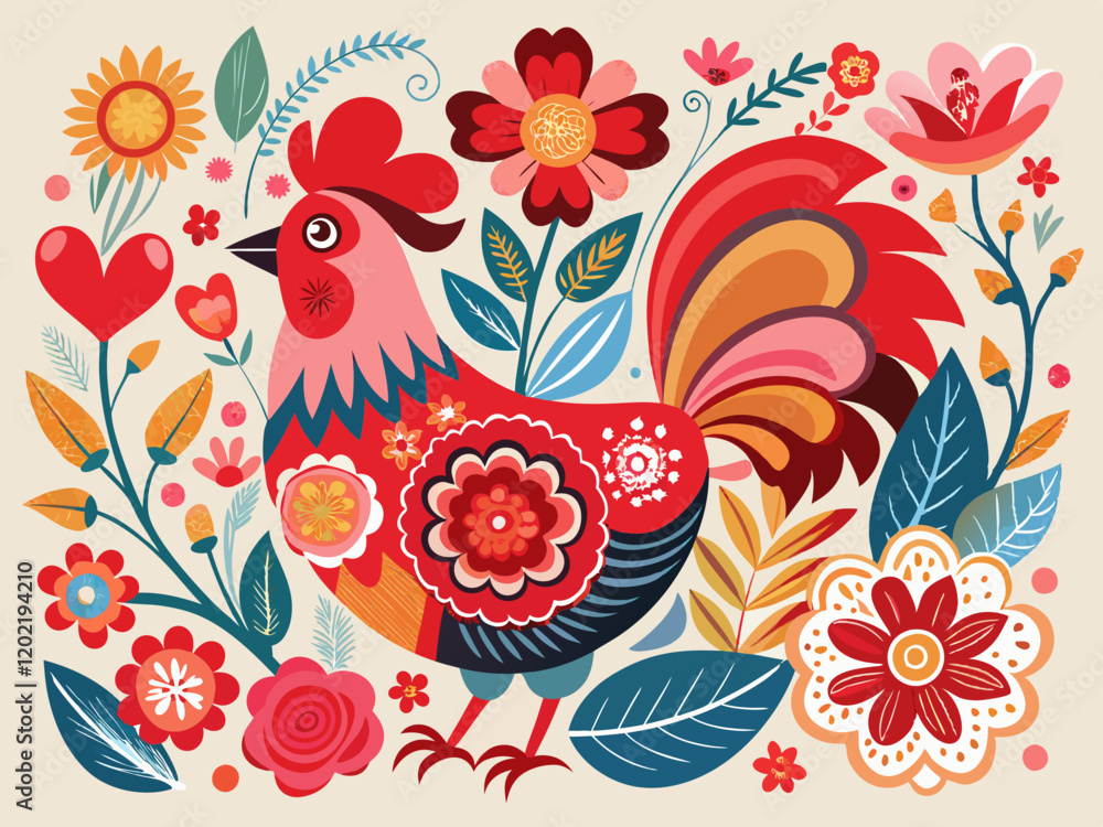 Obraz premium Floral rooster with intricate red roses and pink daisies in whimsical Valentine's Day art