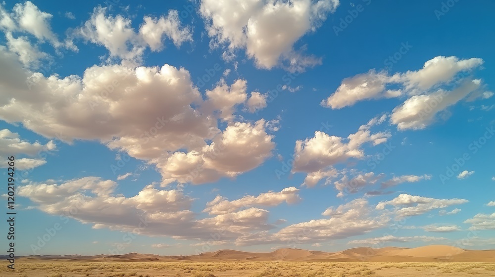 Blue sky with white clouds over sandy desert landscape and distant mountains Copy Space Blue sky with white clouds over sandy desert landscape and distant mountains Copy Space